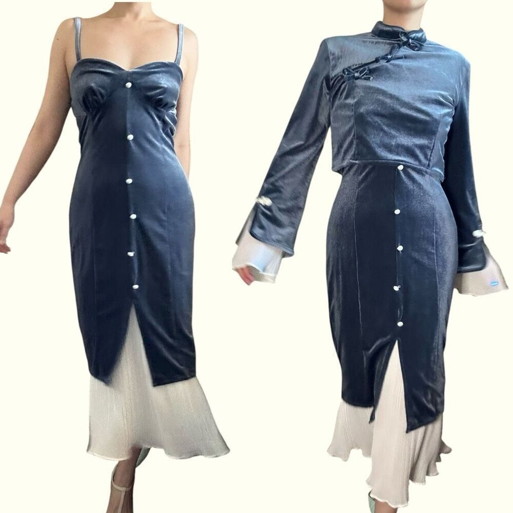 NWT Pink Savior Club Blue Velvet Mandarin Collar 2-Piece Dress Set Size M